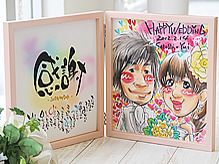 バラの花束と贈るハッピー似顔絵ウェルカムボード